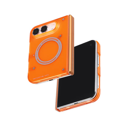 Transparent Orange frosted MagSafe case for iPhone Duo beside the phone screen
