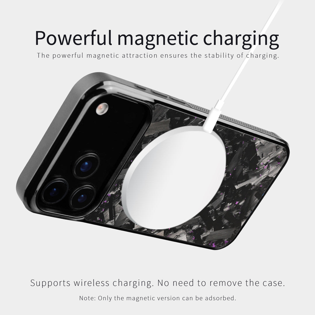 Forged carbon fiber iPhone case on a magnetic wireless charger