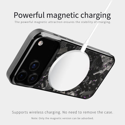Forged carbon fiber iPhone case on a magnetic wireless charger