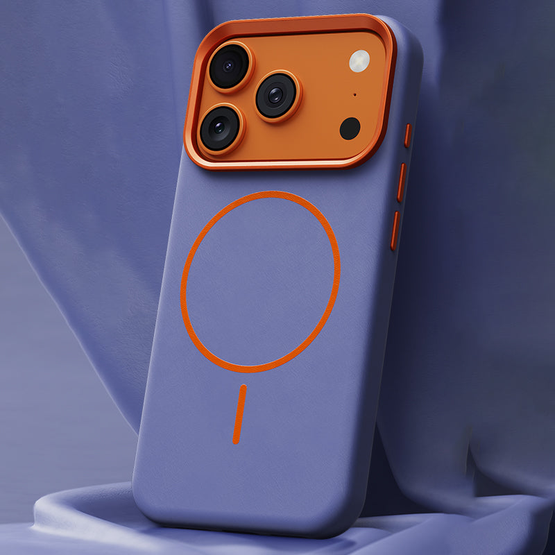 Purple textured leather MagSafe iPhone case with orange camera frame
