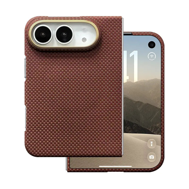 Copper orange woven aramid fiber case for iPhone Duo with gold camera surround