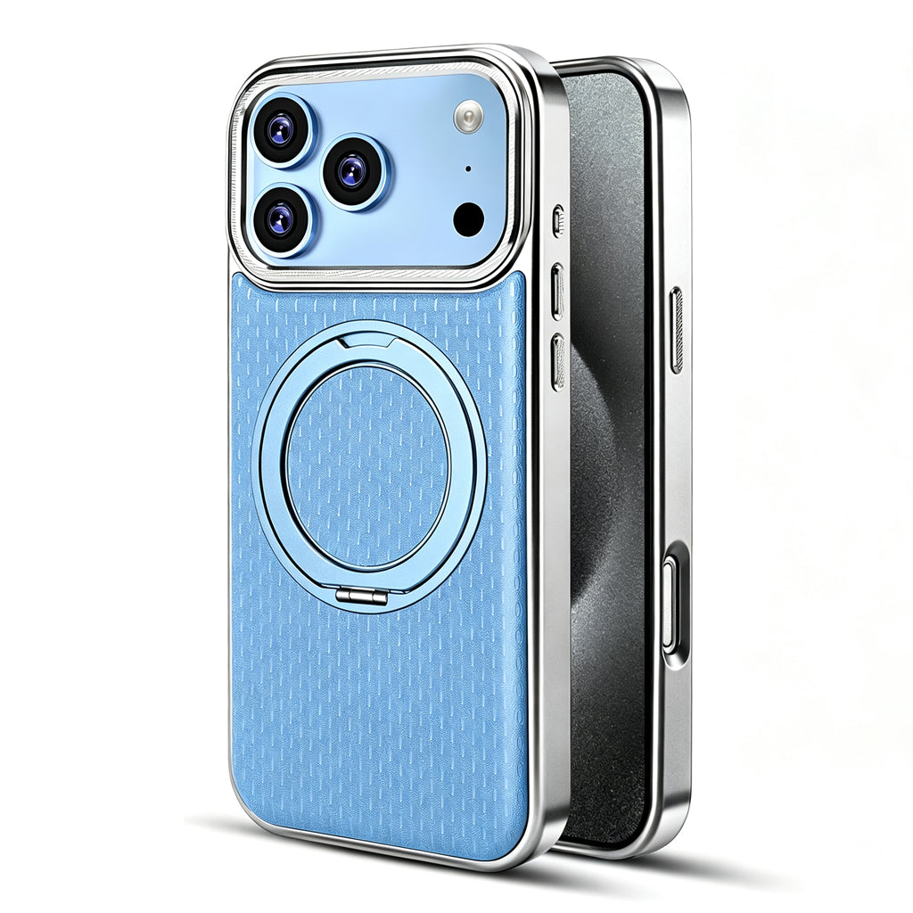 Glacier Blue textured leather case with silver trim and ring stand