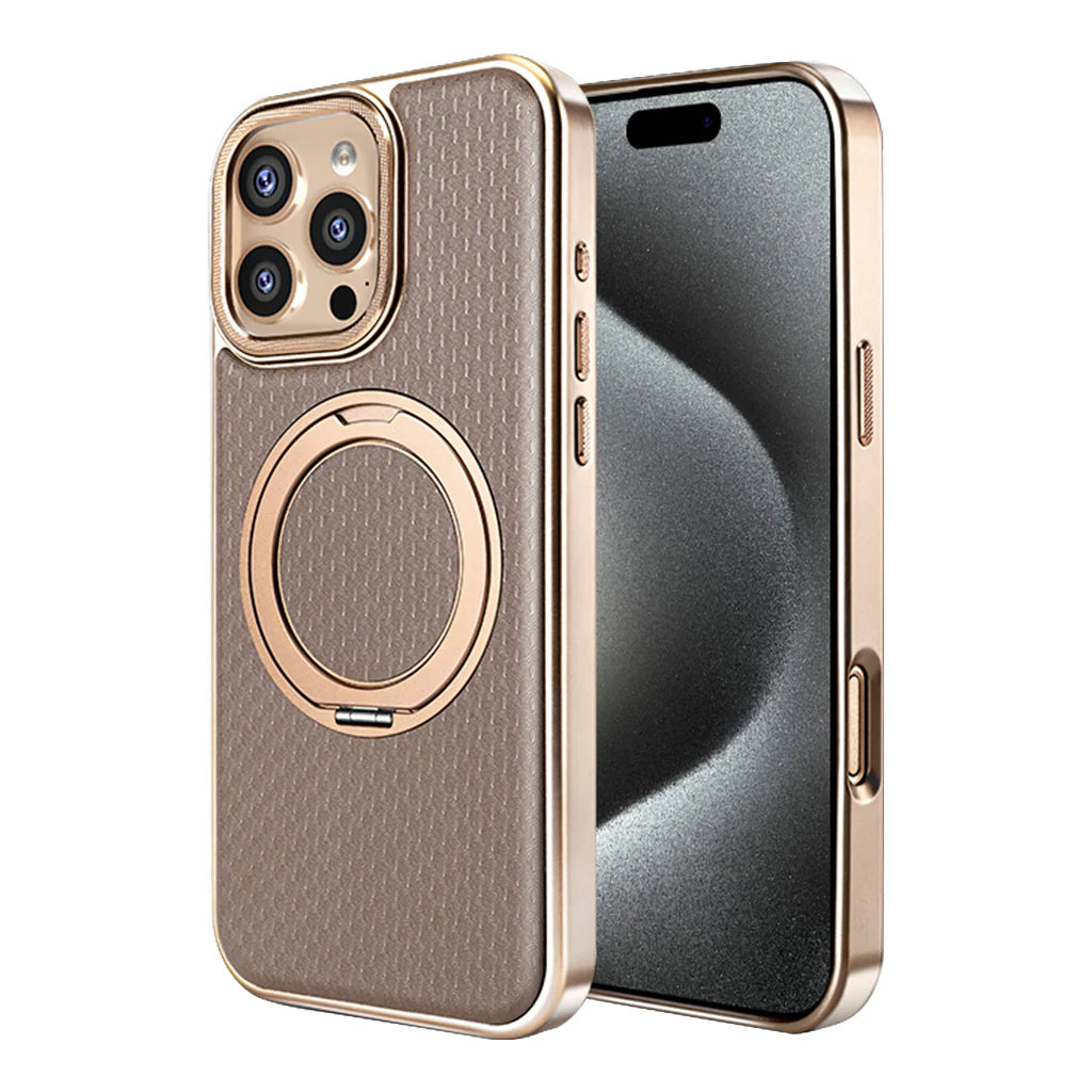 Brown textured leather case with gold ring stand on an earlier Pro model
