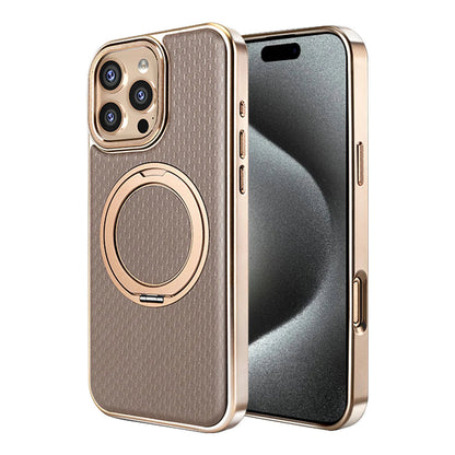 Brown textured leather case with gold ring stand on an earlier Pro model