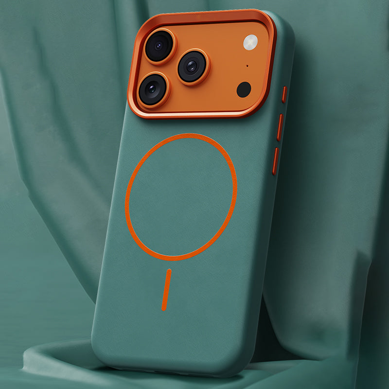 Green textured leather MagSafe iPhone case with orange camera surround