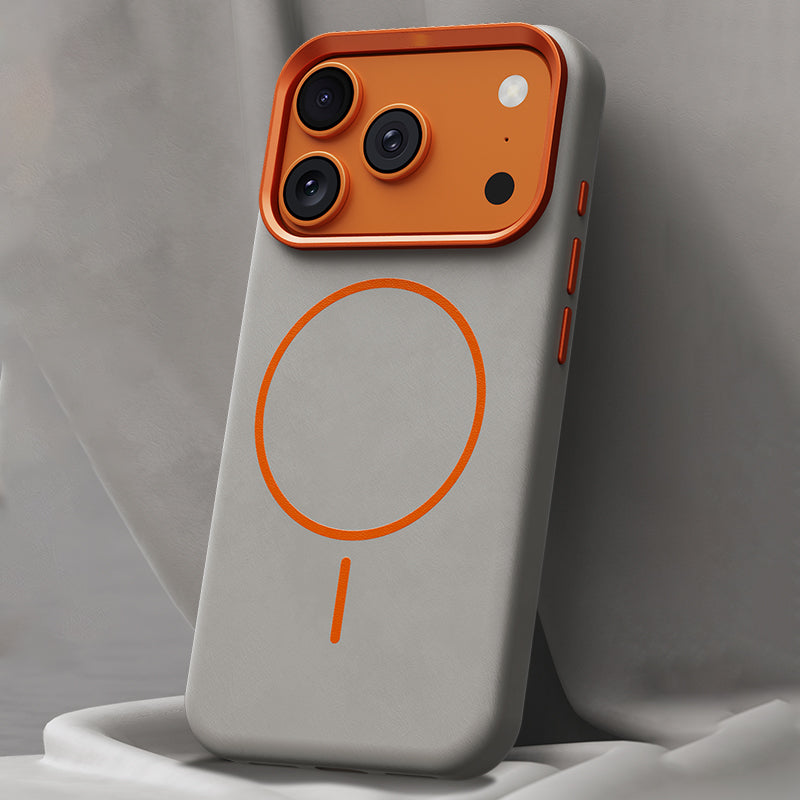 Gray textured leather iPhone case with orange camera frame and buttons