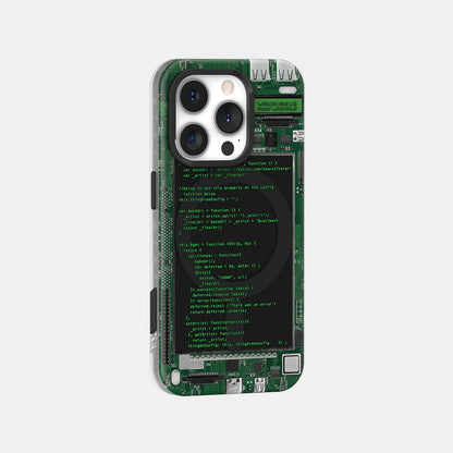 Code screen magnetic case with silver camera surround, back view on a light background