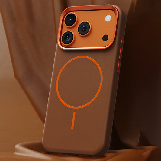 Brown textured leather iPhone case with orange camera frame and MagSafe ring outline