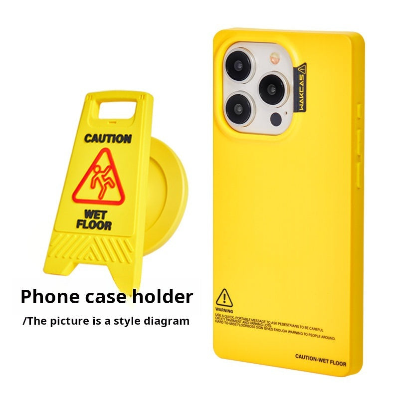 Yellow square case with wet-floor phone holder illustration