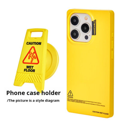 Yellow square case with wet-floor phone holder illustration