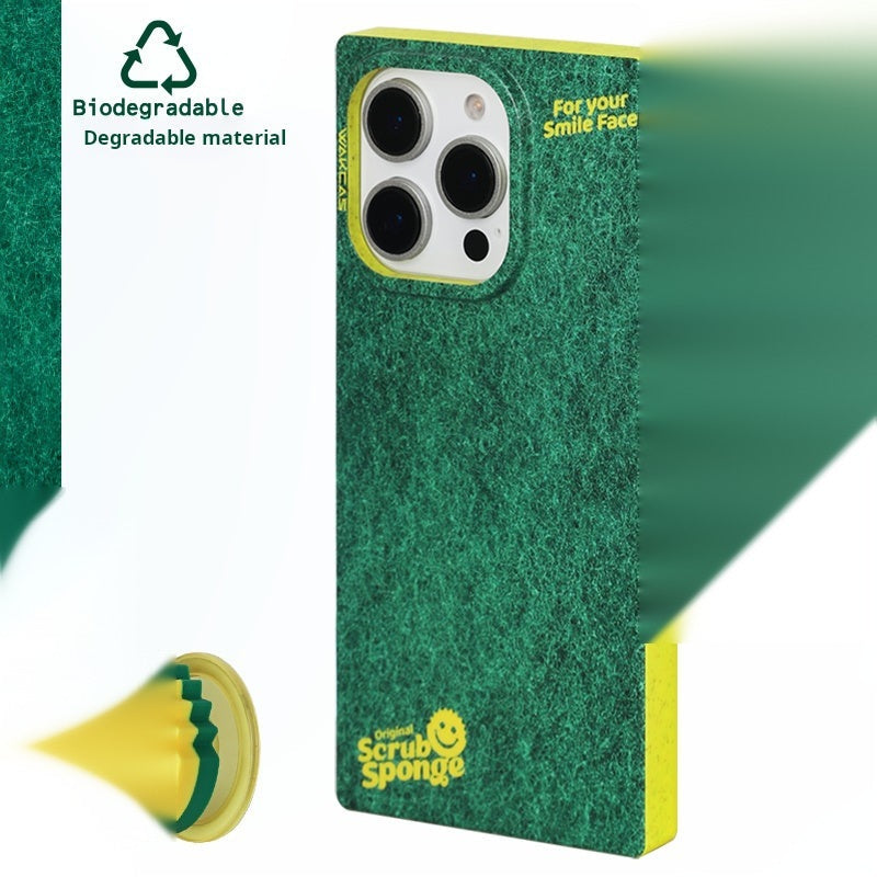 Green sponge-print case with yellow side edges and the smiley stand in a small inset