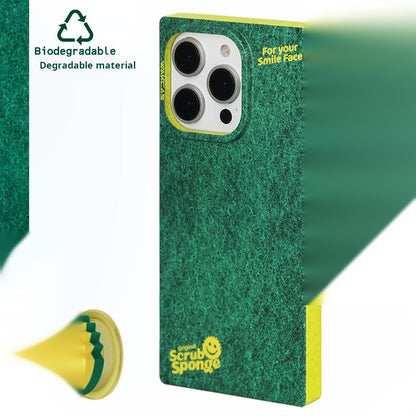 Green sponge-print case with yellow side edges and the smiley stand in a small inset