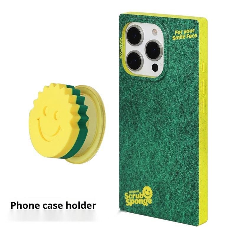 Smiley-face sponge-shaped magnetic stand shown beside the green phone case