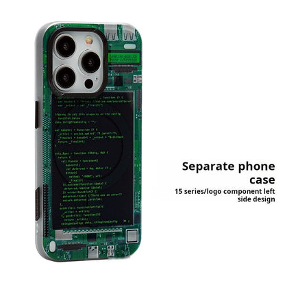 Green code screen magnetic case for iPhone 15 series with circuit board graphic, back view