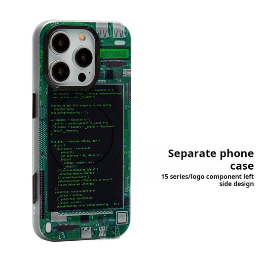 Green code screen magnetic case for iPhone 15 series with circuit board graphic, back view