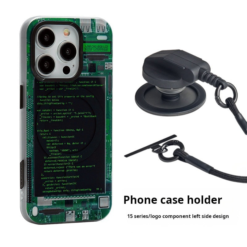 iPhone 15 series code screen case next to a black magnetic socket stand with cord loop