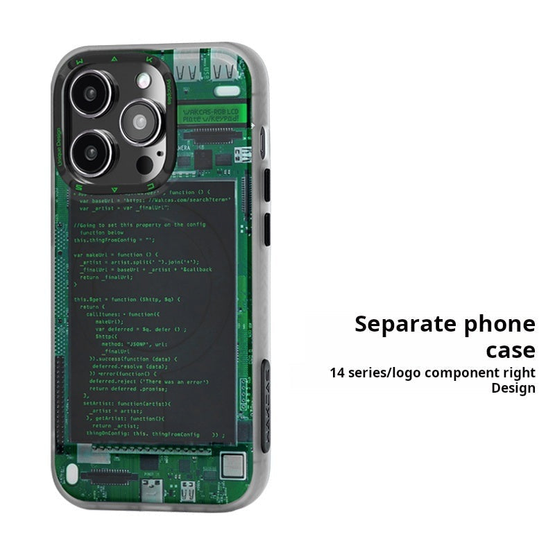 Green code screen magnetic case for iPhone 14 series with the logo component on the right side