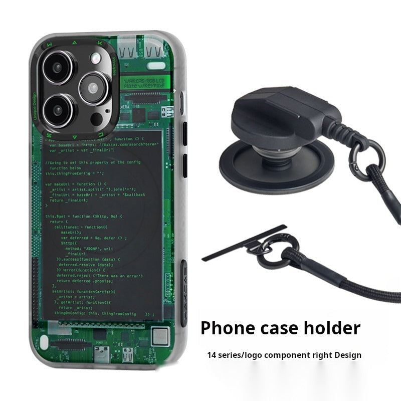 iPhone 14 series code screen case next to a black magnetic socket stand with cord loop