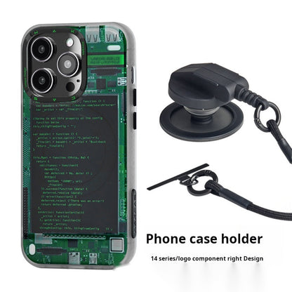 iPhone 14 series code screen case next to a black magnetic socket stand with cord loop