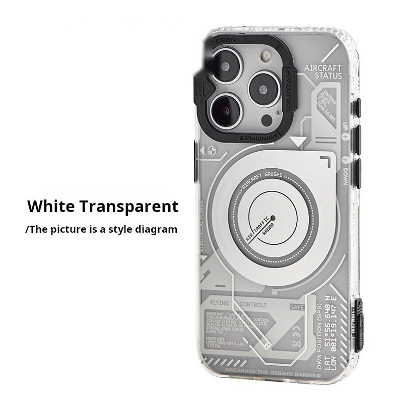 White Transparent magnetic case for iPhone 15 Pro Max with silver aircraft status graphic, back view