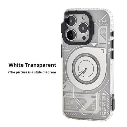 White Transparent magnetic case for iPhone 15 Pro Max with silver aircraft status graphic, back view