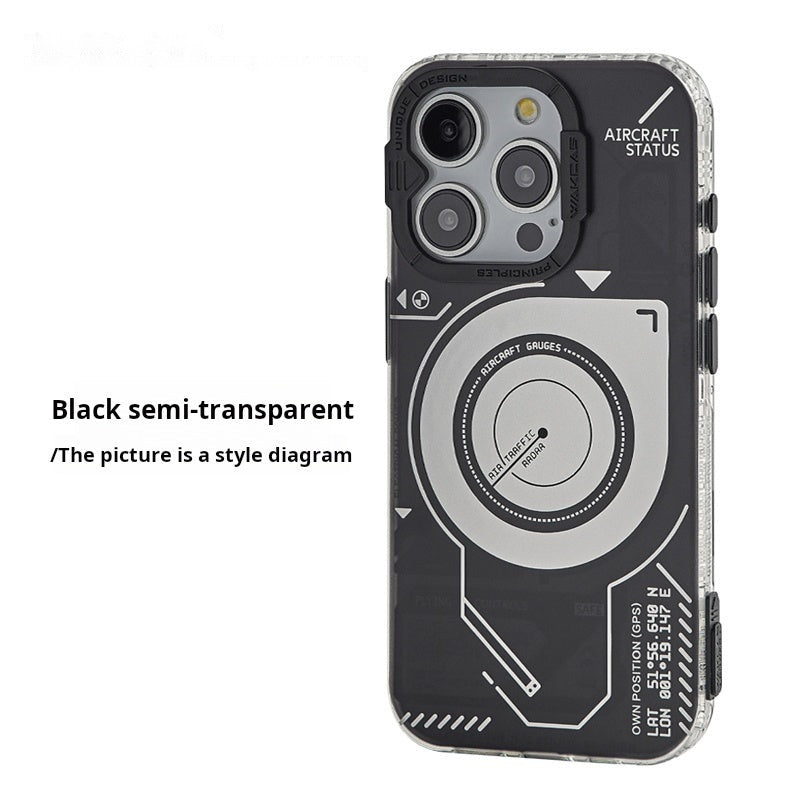 Black Semi-Transparent magnetic iPhone case with silver aircraft dial graphic, back view