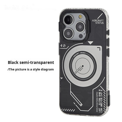 Black Semi-Transparent magnetic iPhone case with silver aircraft dial graphic, back view