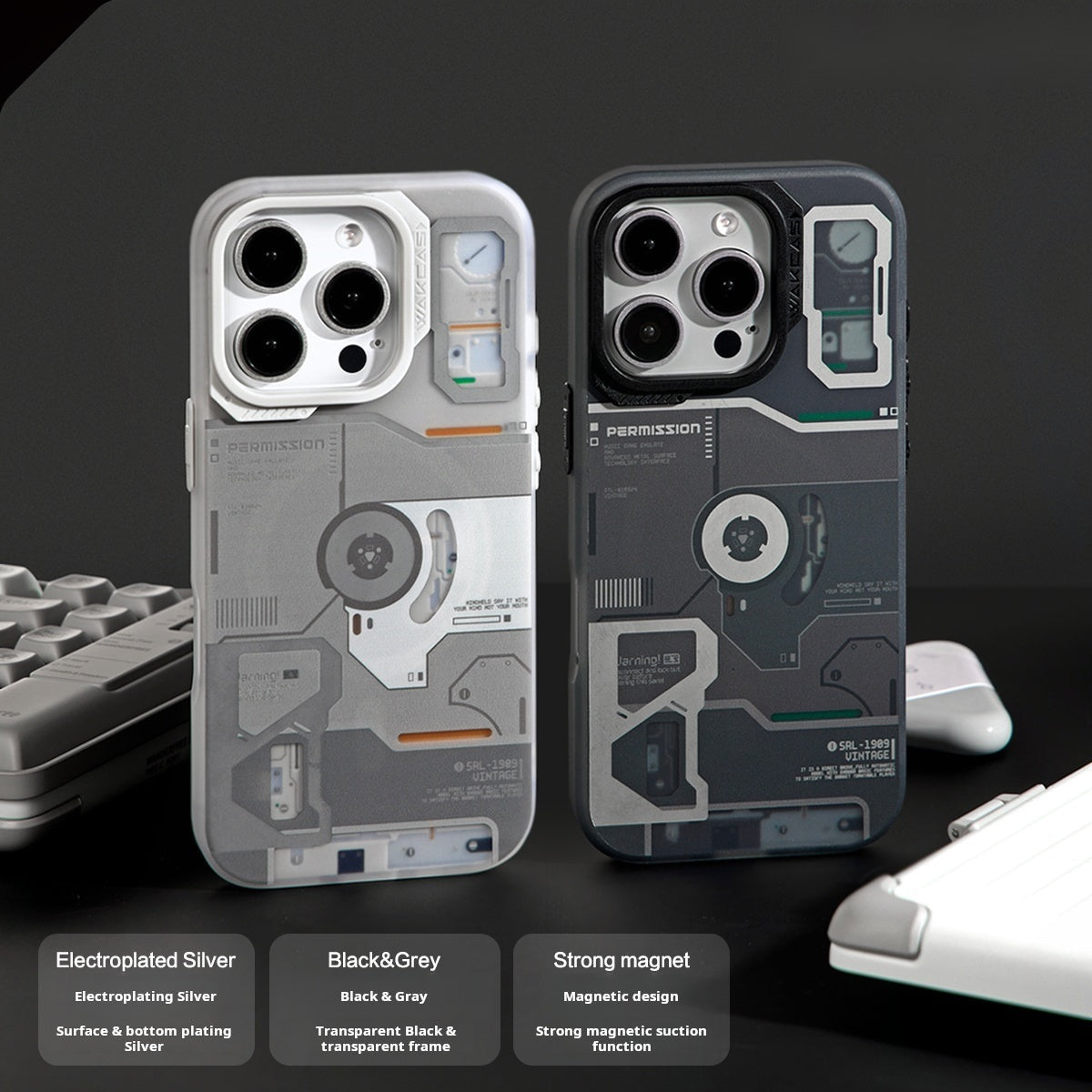 Gray and black retro player cases displayed next to a keyboard
