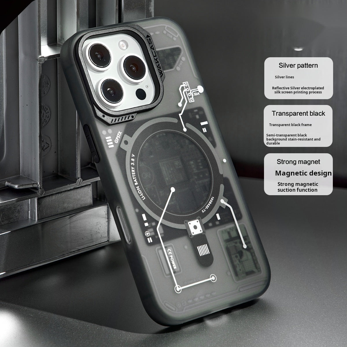 Black circuit board case standing on a dark metal surface