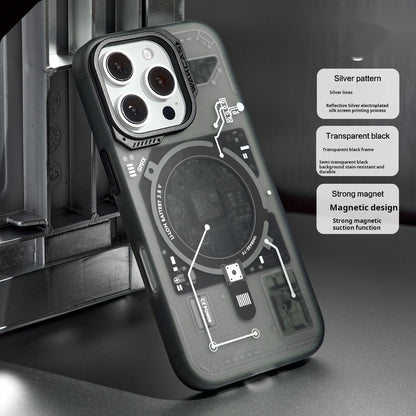 Black circuit board case standing on a dark metal surface
