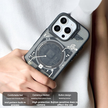 Hand holding the black circuit board case against a white top
