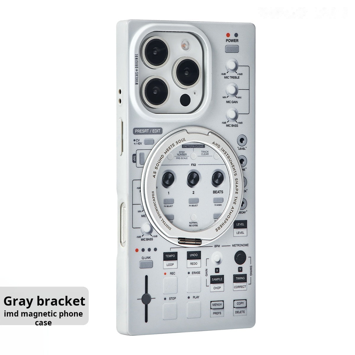 Gray music sampler case showing the circular built-in stand