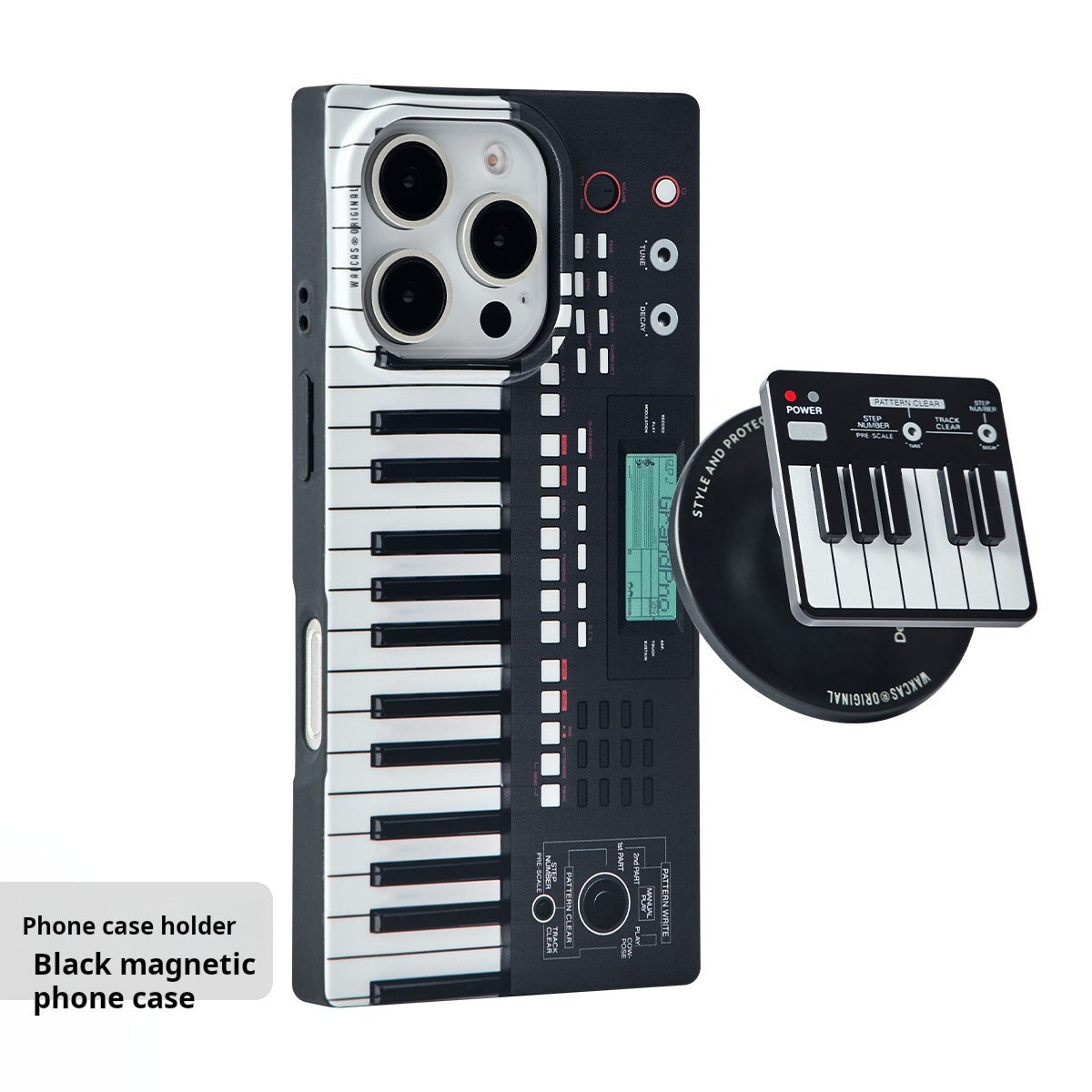 Piano magnetic stand beside the black piano-key case