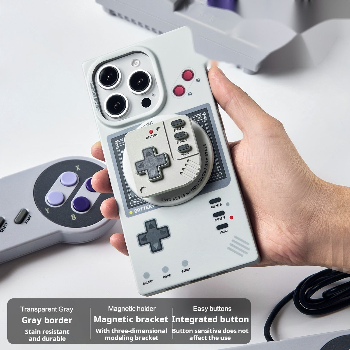 Hand holding the case with the magnetic stand attached