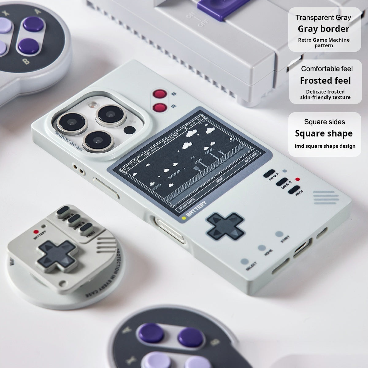 Retro game console case lying flat with stand and game controllers