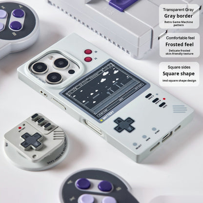 Retro game console case lying flat with stand and game controllers