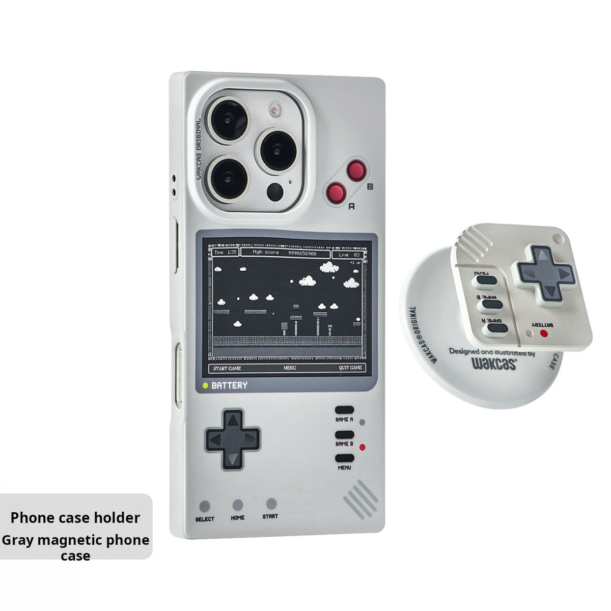 Retro game console case with magnetic phone holder callout