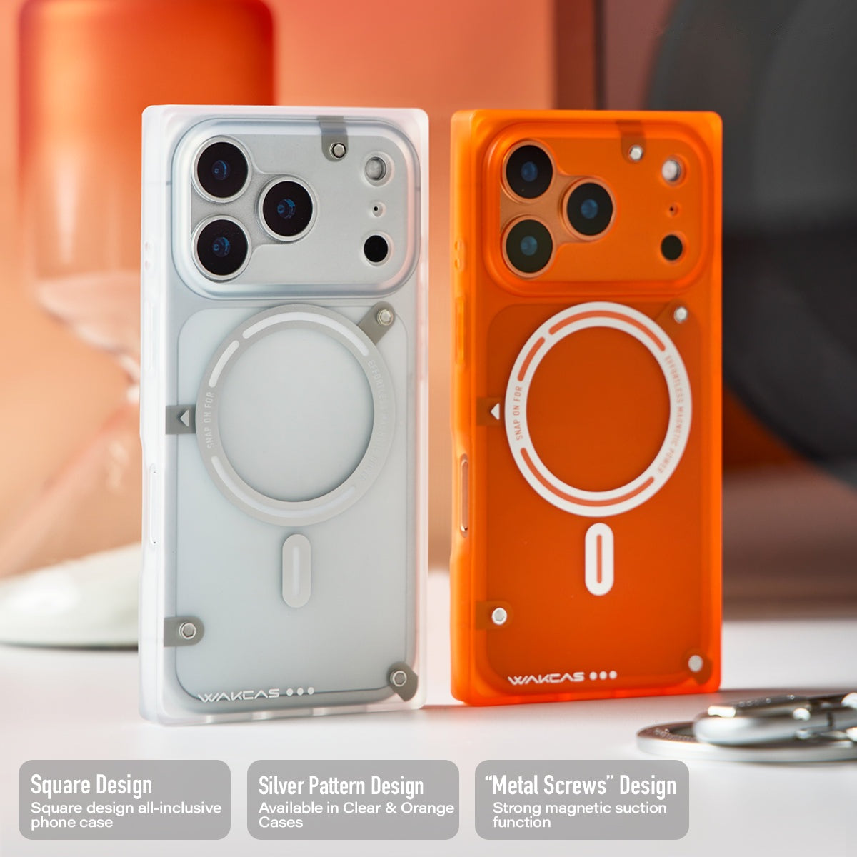 White and orange square MagSafe iPhone cases with feature captions