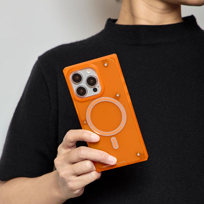 Person holding orange square MagSafe iPhone case