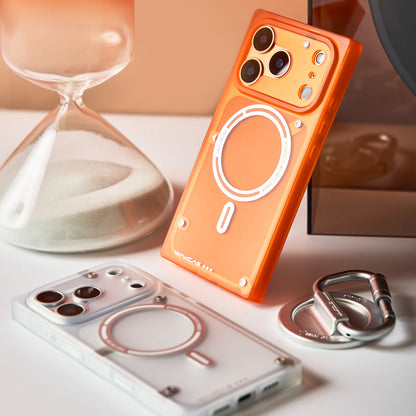 Orange square iPhone case next to an hourglass and a white case with stand