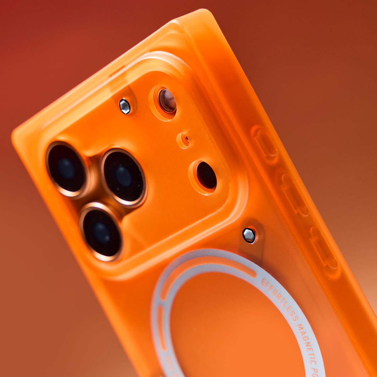 Angled close-up of frosted orange square iPhone case