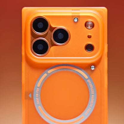 Close-up of camera area and screw accents on orange square case