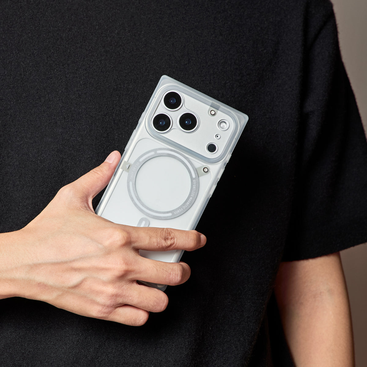 Hand holding transparent white square iPhone case