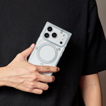 Hand holding transparent white square iPhone case