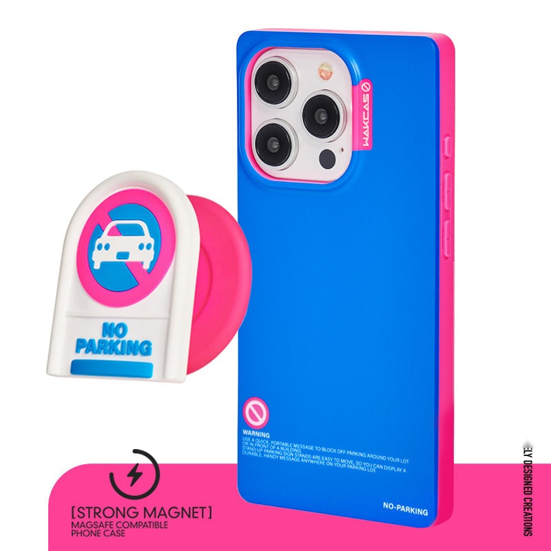 Blue square case with No Parking stand and strong magnet callout