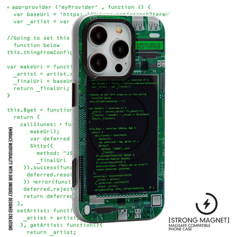 Green code screen case on a background of programming code