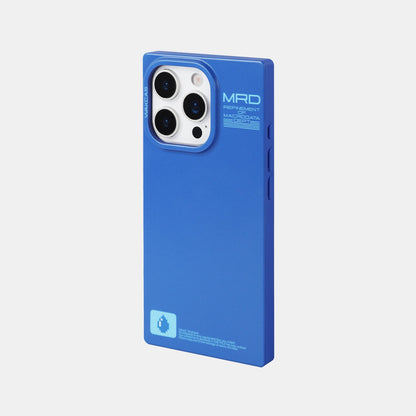 Matte blue square iPhone case, front-angled back view on light gray