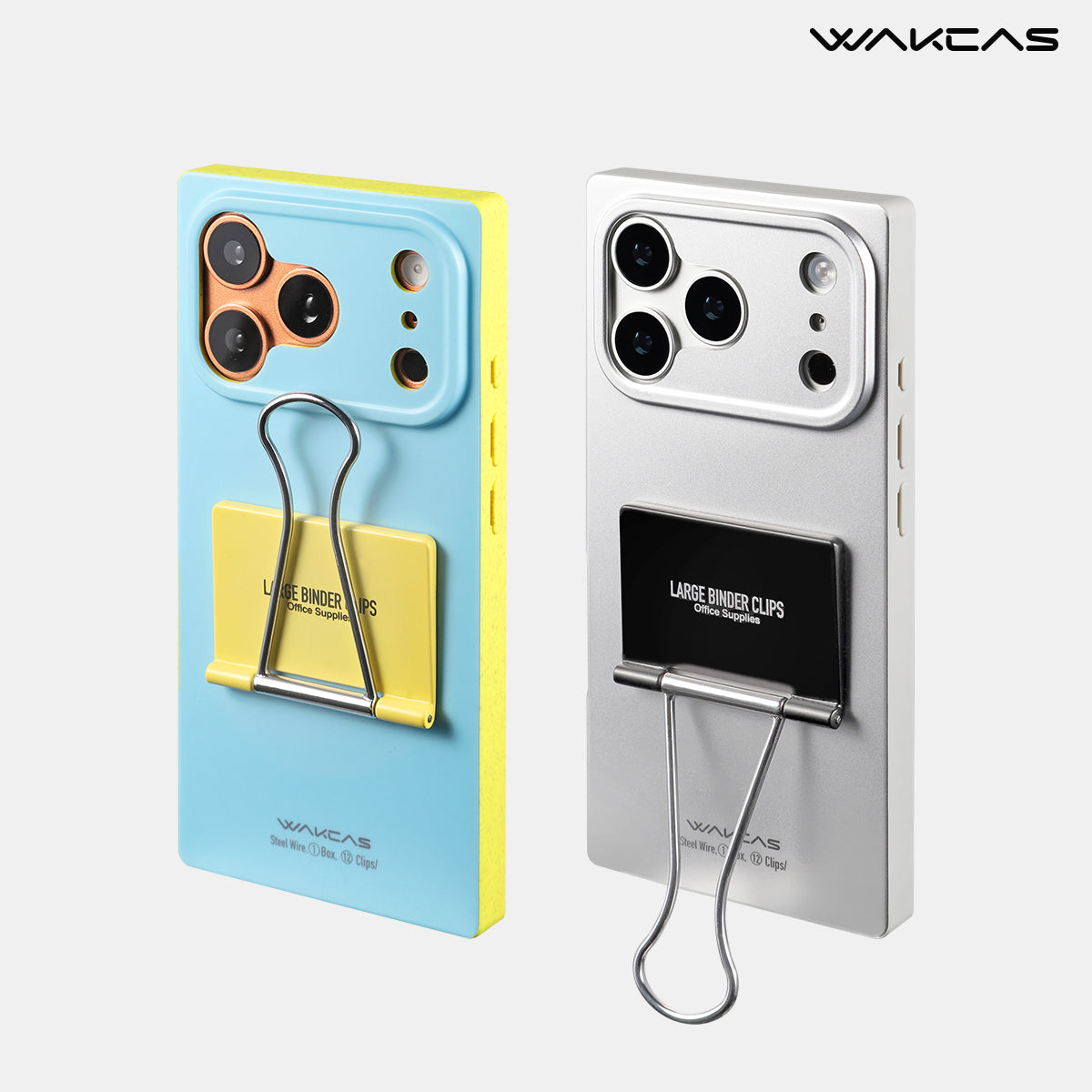 Blue and silver binder clip cases on a white background