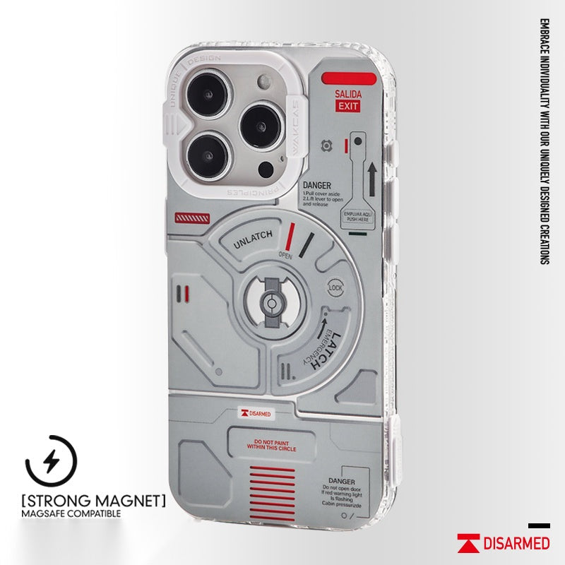 Airplane mechanical case with red accents, back view on white