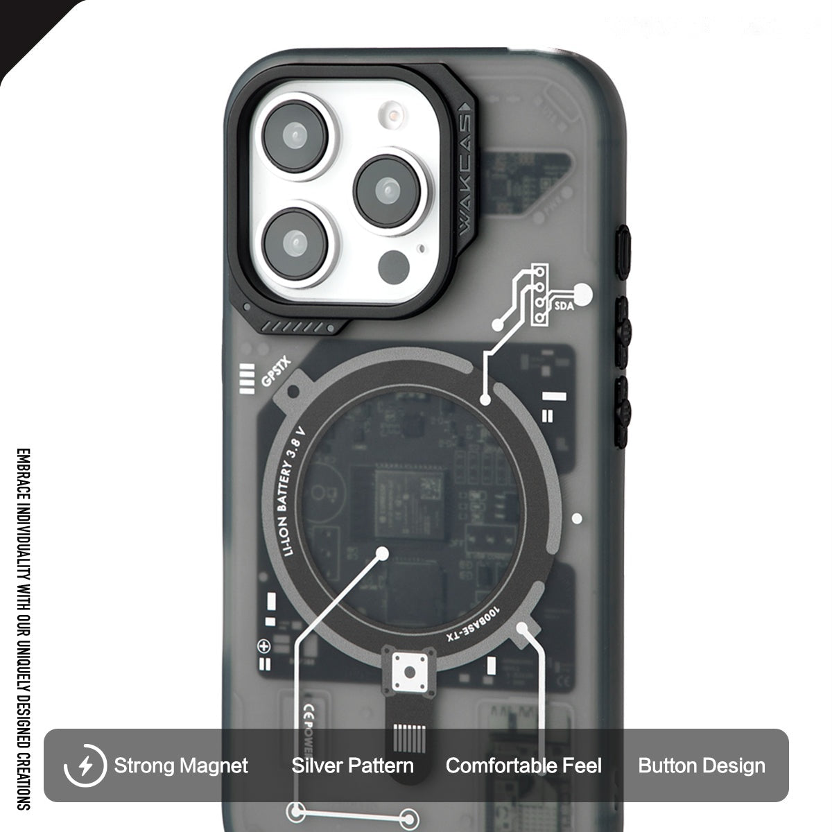 Black circuit board case with feature labels for comfort, camera and buttons